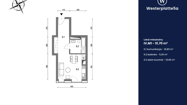 Rzut - Mieszkanie na sprzedaż 1 pokój o powierzchni 31,7 m² - numer IV.M1 w Westerplatte5a