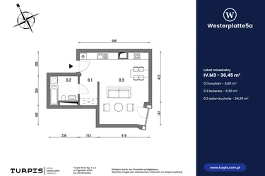 Rzut - Mieszkanie na sprzedaż 1 pokój o powierzchni 36,45 m² - numer IV.M3 w Westerplatte5a