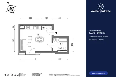 Rzut - Mieszkanie na sprzedaż 1 pokój o powierzchni 26,1 m² - numer IV.M13 w Westerplatte5a