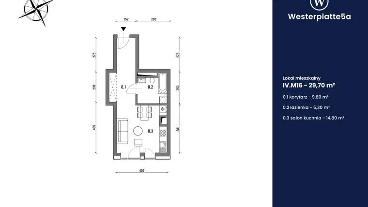 Rzut - Mieszkanie na sprzedaż 1 pokój o powierzchni 29,7 m² - numer IV.M16 w Westerplatte5a