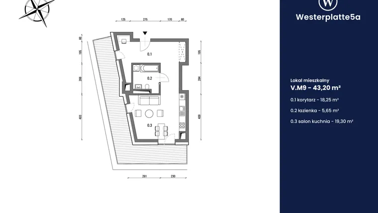 Rzut - Mieszkanie na sprzedaż 1 pokój o powierzchni 43,2 m² - numer V.M9 w Westerplatte5a