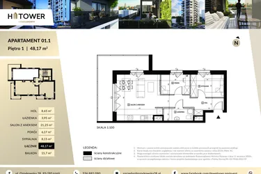 Rzut - Mieszkanie na sprzedaż 3 pokoje o powierzchni 48,17 m² - numer M 01.1 w Hi Tower