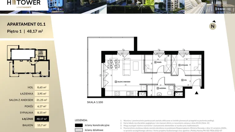 Rzut - Mieszkanie na sprzedaż 3 pokoje o powierzchni 48,17 m² - numer M 01.1 w Hi Tower