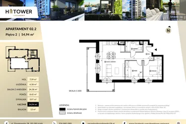 Rzut - Mieszkanie na sprzedaż 3 pokoje o powierzchni 54,94 m² - numer M 02.2 w Hi Tower