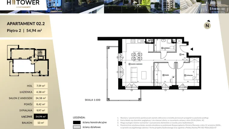 Rzut - Mieszkanie na sprzedaż 3 pokoje o powierzchni 54,94 m² - numer M 02.2 w Hi Tower