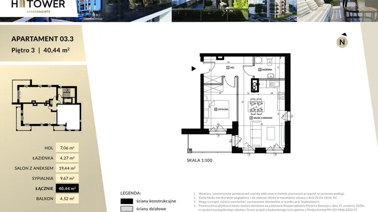 Rzut - Mieszkanie na sprzedaż 2 pokoje o powierzchni 40,44 m² - numer M 03.3 w Hi Tower