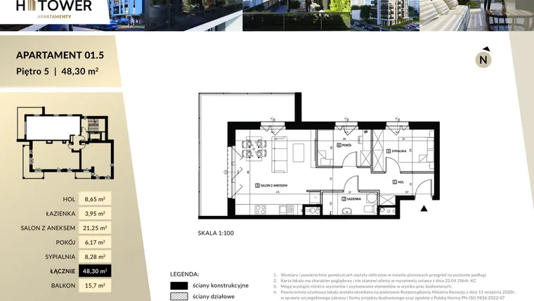 Rzut - Mieszkanie na sprzedaż 3 pokoje o powierzchni 48,3 m² - numer M 01.5 w Hi Tower