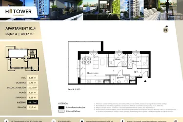 Rzut - Mieszkanie na sprzedaż 3 pokoje o powierzchni 48,17 m² - numer M 01.4 w Hi Tower