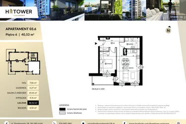 Rzut - Mieszkanie na sprzedaż 2 pokoje o powierzchni 40,53 m² - numer M 03.6 w Hi Tower