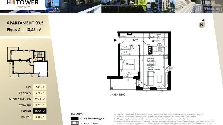 Rzut - Mieszkanie na sprzedaż 2 pokoje o powierzchni 40,53 m² - numer M 03.5 w Hi Tower