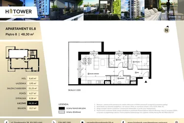 Rzut - Mieszkanie na sprzedaż 3 pokoje o powierzchni 48,3 m² - numer M 01.8 w Hi Tower