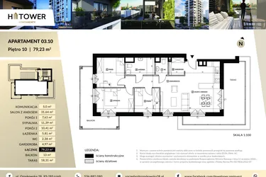 Rzut - Mieszkanie na sprzedaż 4 pokoje o powierzchni 79,23 m² - numer M 03.10 w Hi Tower