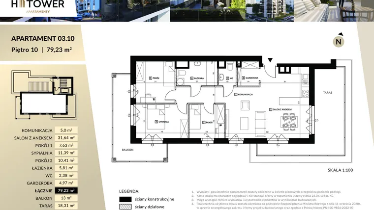 Rzut - Mieszkanie na sprzedaż 4 pokoje o powierzchni 79,23 m² - numer M 03.10 w Hi Tower