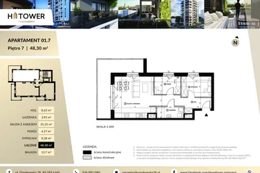 Rzut - Mieszkanie na sprzedaż 3 pokoje o powierzchni 48,3 m² - numer M 01.7 w Hi Tower