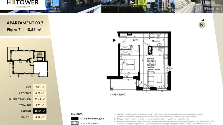 Rzut - Mieszkanie na sprzedaż 2 pokoje o powierzchni 40,53 m² - numer M 03.7 w Hi Tower