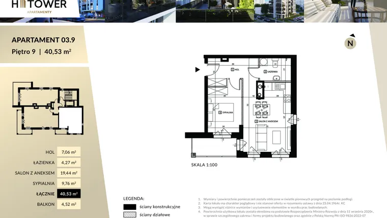 Rzut - Mieszkanie na sprzedaż 2 pokoje o powierzchni 40,53 m² - numer M 03.09 w Hi Tower