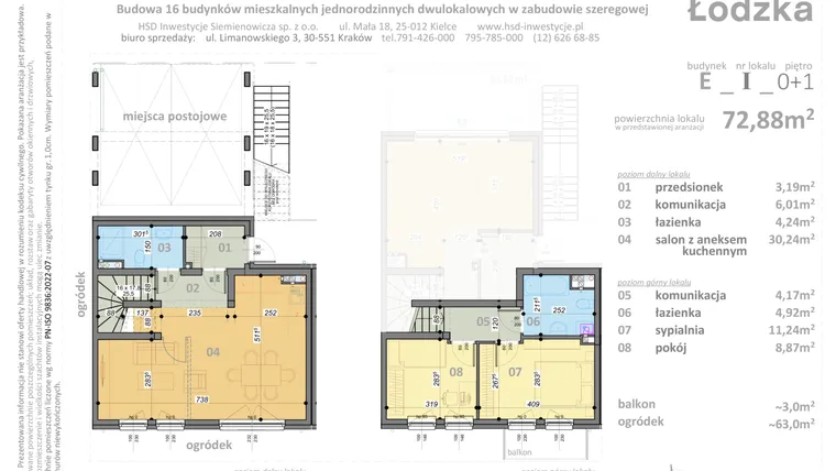 Rzut - Mieszkanie na sprzedaż 3 pokoje o powierzchni 72,88 m² - numer E1 w Łódzka