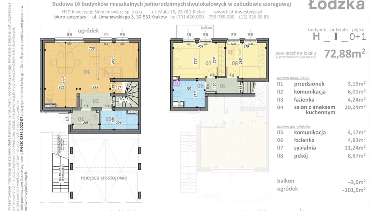 Rzut - Mieszkanie na sprzedaż 3 pokoje o powierzchni 72,88 m² - numer H1 w Łódzka
