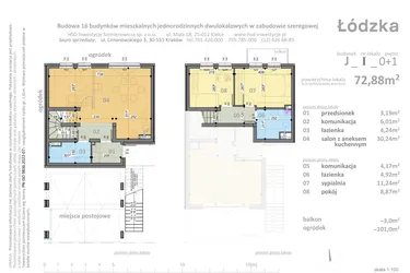 Rzut - Mieszkanie na sprzedaż 3 pokoje o powierzchni 72,88 m² - numer J1 w Łódzka