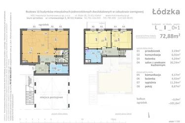 Rzut - Mieszkanie na sprzedaż 3 pokoje o powierzchni 72,88 m² - numer L1 w Łódzka