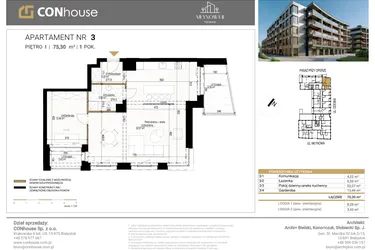 Rzut - Mieszkanie na sprzedaż 2 pokoje o powierzchni 75,3 m² - numer 3 w Młynowa II Premium