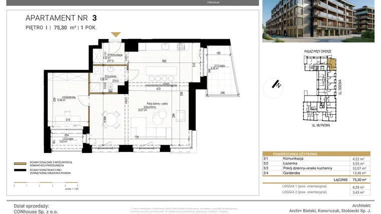 Rzut - Mieszkanie na sprzedaż 2 pokoje o powierzchni 75,3 m² - numer 3 w Młynowa II Premium