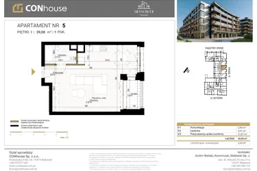 Rzut - Mieszkanie na sprzedaż 1 pokój o powierzchni 39,08 m² - numer 5 w Młynowa II Premium