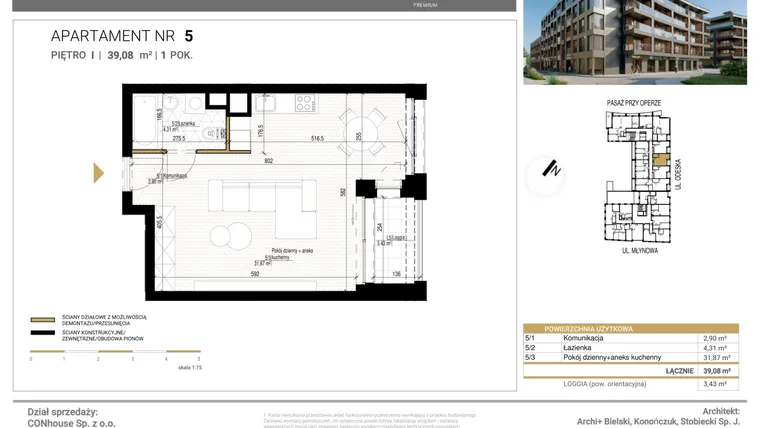 Rzut - Mieszkanie na sprzedaż 1 pokój o powierzchni 39,08 m² - numer 5 w Młynowa II Premium