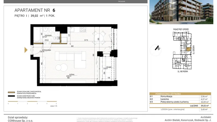 Rzut - Mieszkanie na sprzedaż 1 pokój o powierzchni 39,02 m² - numer 6 w Młynowa II Premium