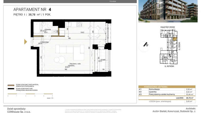 Rzut - Mieszkanie na sprzedaż 1 pokój o powierzchni 38,78 m² - numer 4 w Młynowa II Premium