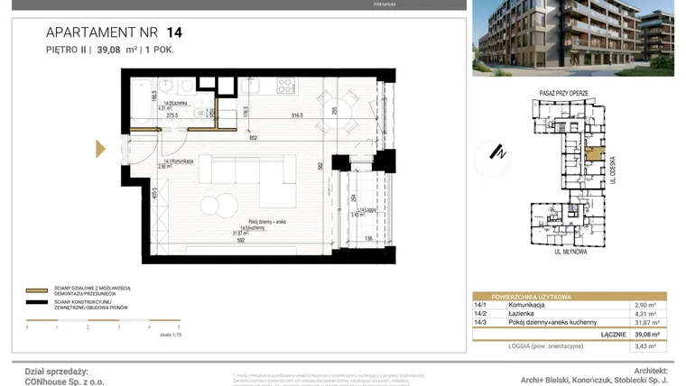 Rzut - Mieszkanie na sprzedaż 1 pokój o powierzchni 39,08 m² - numer 14 w Młynowa II Premium