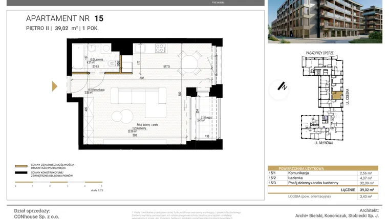 Rzut - Mieszkanie na sprzedaż 1 pokój o powierzchni 39,02 m² - numer 15 w Młynowa II Premium