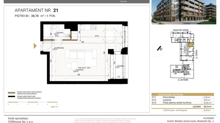 Rzut - Mieszkanie na sprzedaż 1 pokój o powierzchni 38,78 m² - numer 21 w Młynowa II Premium