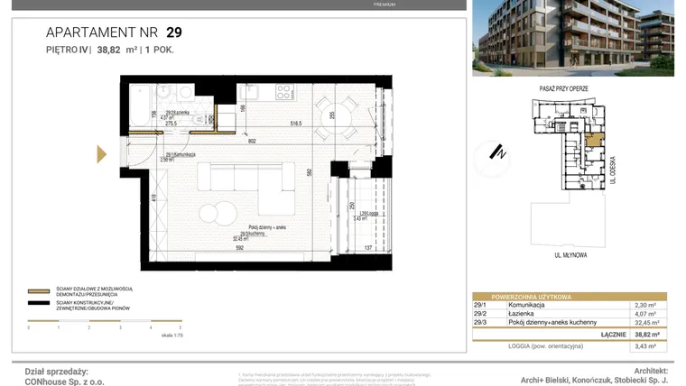 Rzut - Mieszkanie na sprzedaż 1 pokój o powierzchni 38,82 m² - numer 29 w Młynowa II Premium