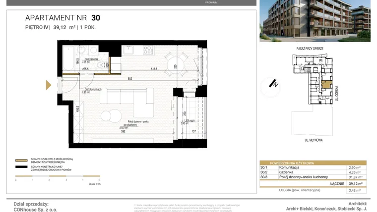 Rzut - Mieszkanie na sprzedaż 1 pokój o powierzchni 39,12 m² - numer 30 w Młynowa II Premium