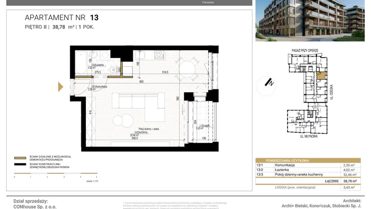 Rzut - Mieszkanie na sprzedaż 1 pokój o powierzchni 38,78 m² - numer 13 w Młynowa II Premium