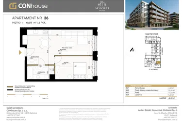 Rzut - Mieszkanie na sprzedaż 2 pokoje o powierzchni 48,59 m² - numer 36 w Młynowa II Premium