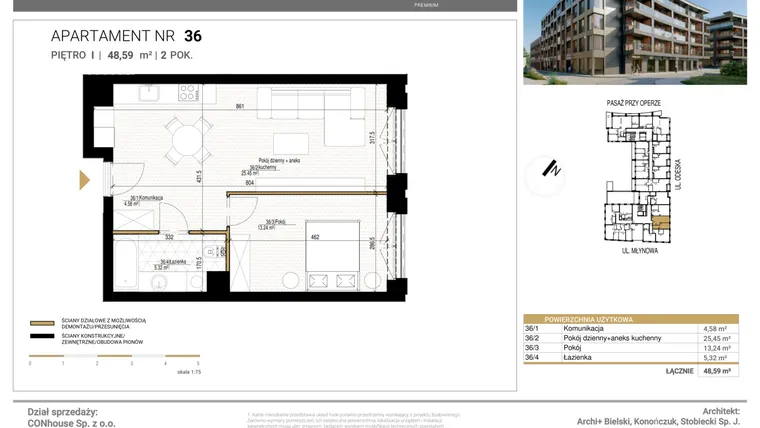 Rzut - Mieszkanie na sprzedaż 2 pokoje o powierzchni 48,59 m² - numer 36 w Młynowa II Premium
