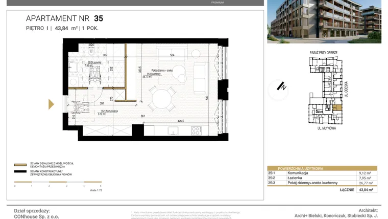 Rzut - Mieszkanie na sprzedaż 1 pokój o powierzchni 43,84 m² - numer 35 w Młynowa II Premium