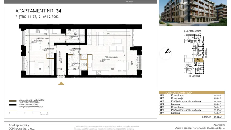 Rzut - Mieszkanie na sprzedaż 2 pokoje o powierzchni 78,12 m² - numer 34 w Młynowa II Premium