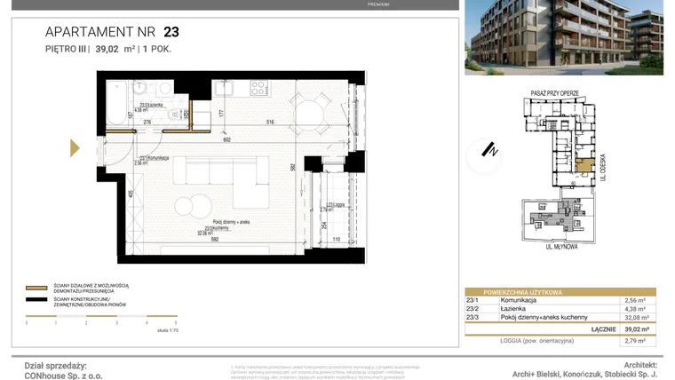 Rzut - Mieszkanie na sprzedaż 1 pokój o powierzchni 39,02 m² - numer 23 w Młynowa II Premium