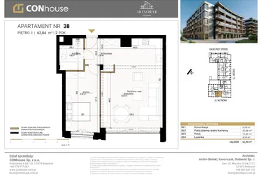 Rzut - Mieszkanie na sprzedaż 2 pokoje o powierzchni 62,84 m² - numer 38 w Młynowa II Premium