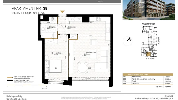 Rzut - Mieszkanie na sprzedaż 2 pokoje o powierzchni 62,84 m² - numer 38 w Młynowa II Premium