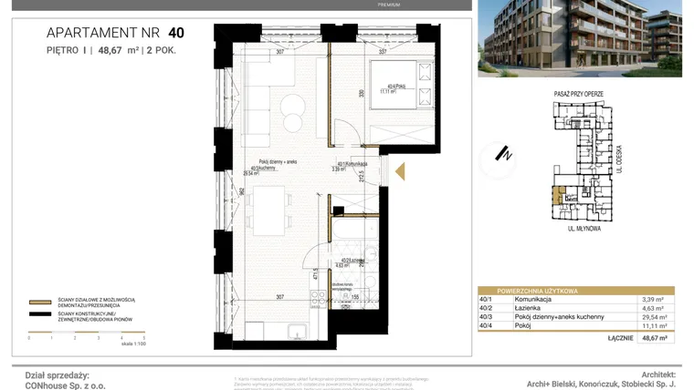 Rzut - Mieszkanie na sprzedaż 2 pokoje o powierzchni 48,67 m² - numer 40 w Młynowa II Premium