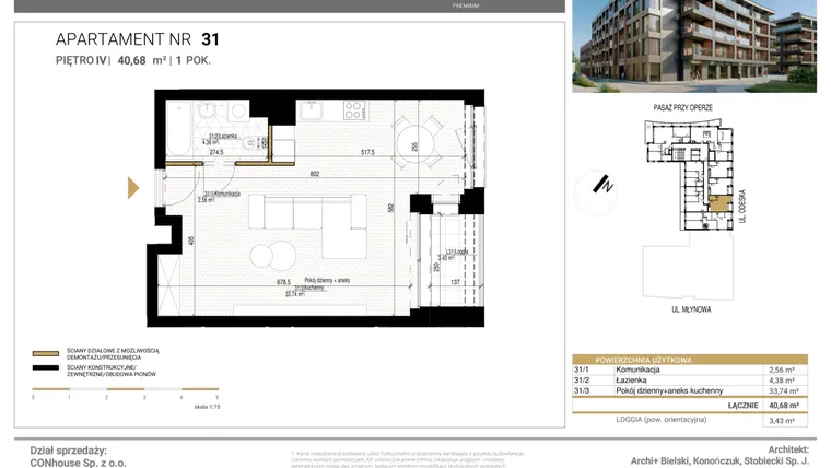 Rzut - Mieszkanie na sprzedaż 1 pokój o powierzchni 40,68 m² - numer 31 w Młynowa II Premium
