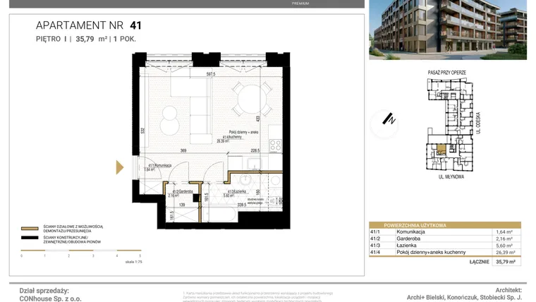 Rzut - Mieszkanie na sprzedaż 1 pokój o powierzchni 35,79 m² - numer 41 w Młynowa II Premium