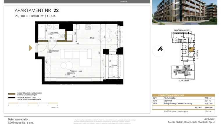 Rzut - Mieszkanie na sprzedaż 1 pokój o powierzchni 39,08 m² - numer 22 w Młynowa II Premium
