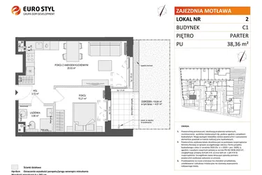 Rzut - Mieszkanie na sprzedaż 2 pokoje o powierzchni 38,36 m² - numer 2 w Zajezdnia Motława bud. C1