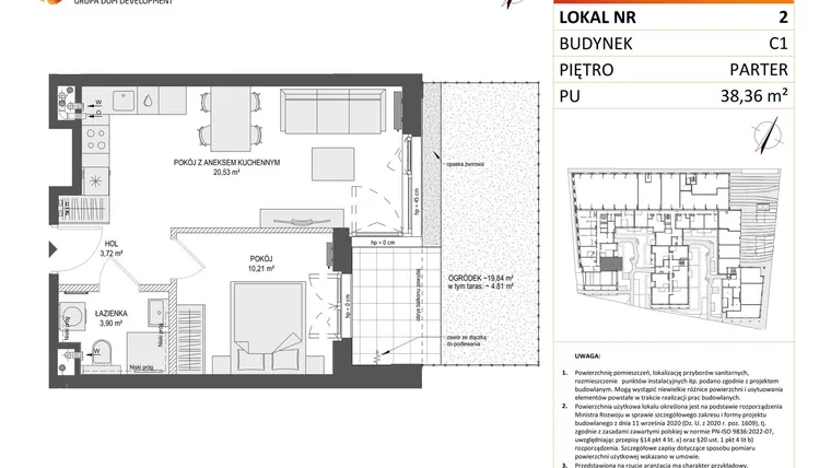 Rzut - Mieszkanie na sprzedaż 2 pokoje o powierzchni 38,36 m² - numer 2 w Zajezdnia Motława bud. C1
