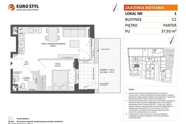 Rzut - Mieszkanie na sprzedaż 2 pokoje o powierzchni 37,93 m² - numer 1 w Zajezdnia Motława bud. C1